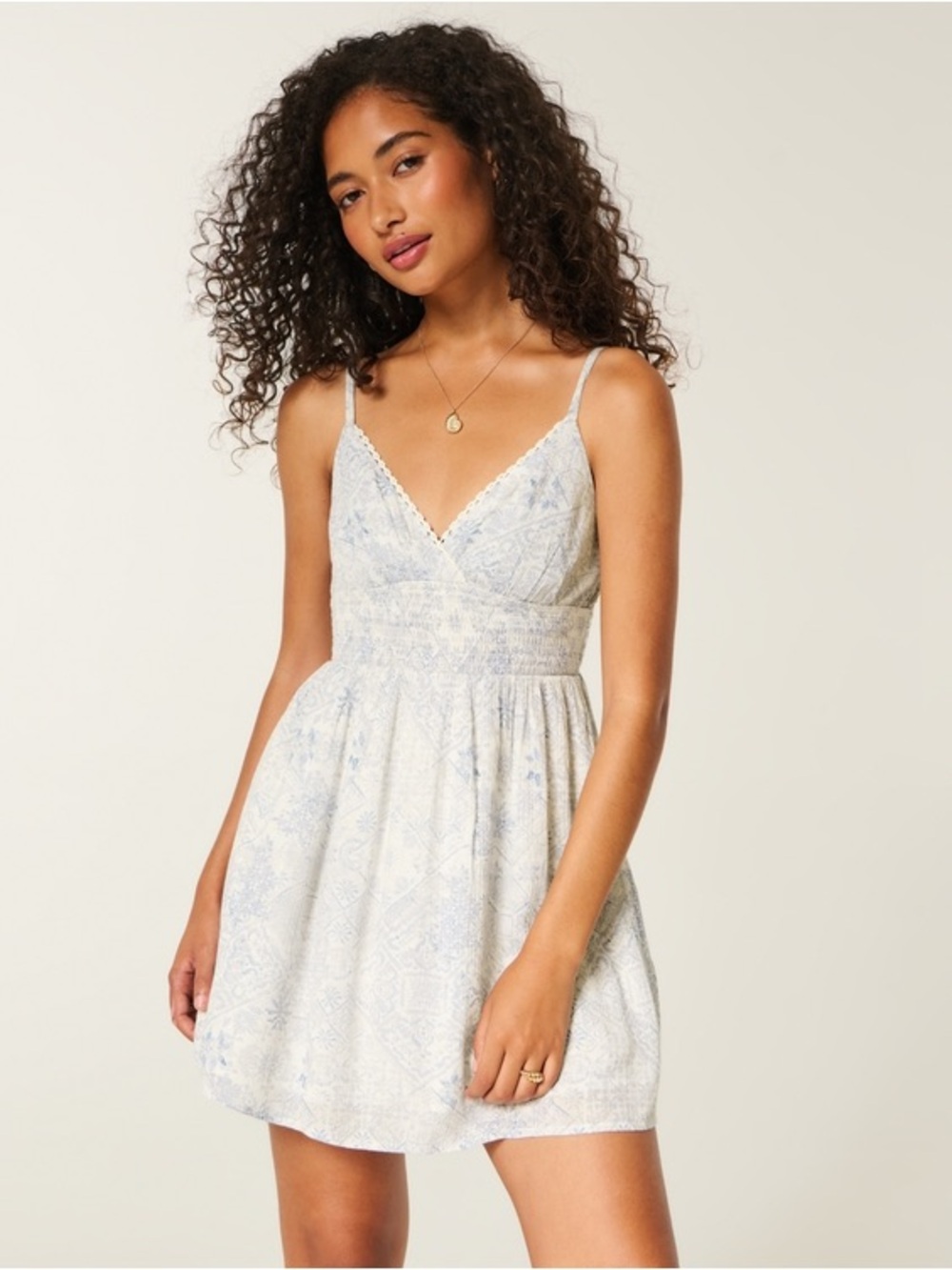 Hollister Light Blue & White Lace-Trim Spaghetti Strap Mini Dress